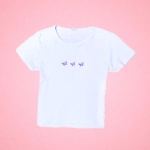 White Baby Tee w/ Three Purple Butterflies Embroidered